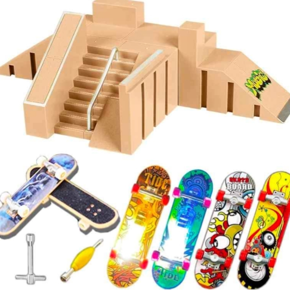 New Mini Skate Park Playset with Tan Ramp and Colorful Fingerboards